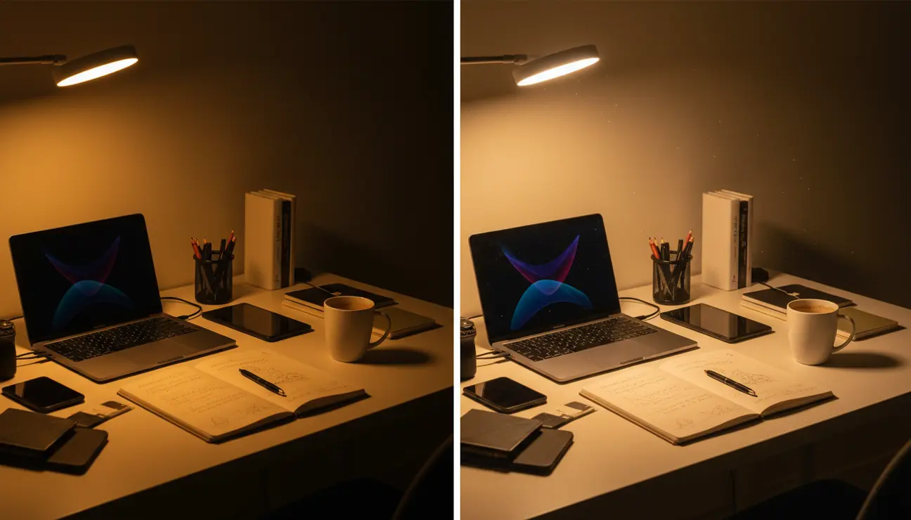 Split screen of dull vs stylish light therapy lamps.