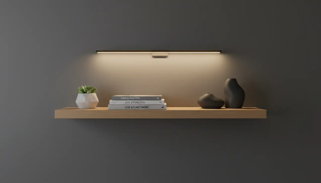 Minimalist wooden shelf with warm wireless shelf lighting.