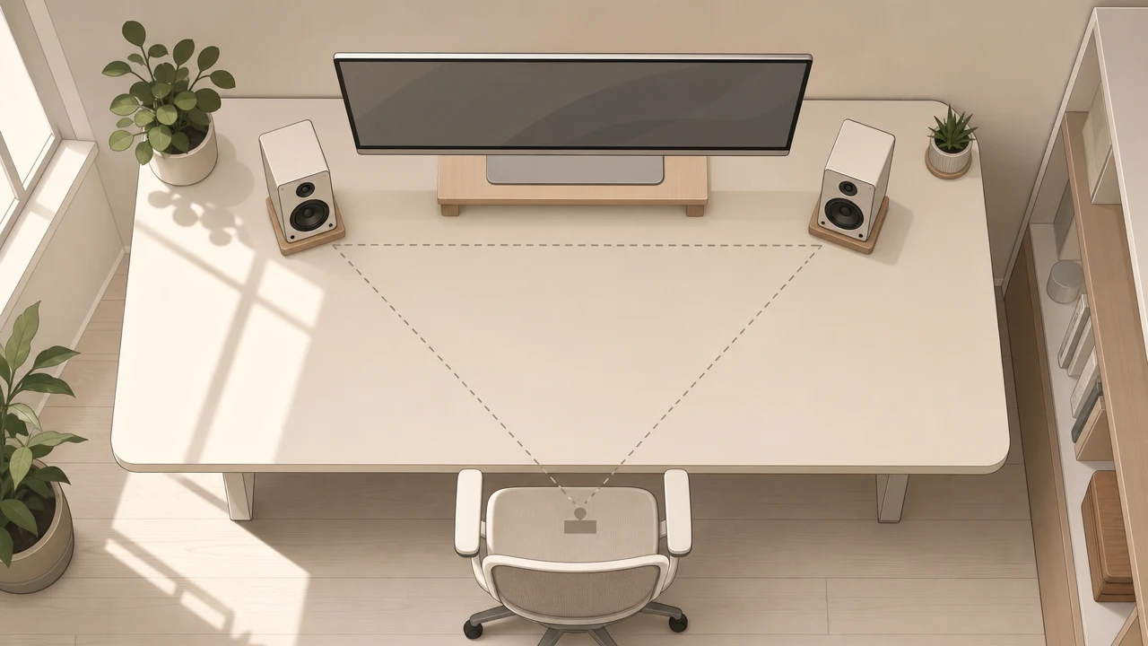 Minimalist desk setup showing properly positioned desktop speakers at ear level with correct toe-in angle